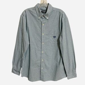 CHAPS Stretch Oxford Shirt Men's Sz L White Green Blue Check L/S Preppy Office